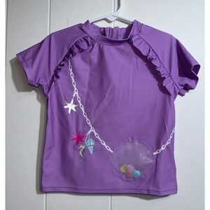 Andy & Evan Girls Purple Mermaid Shell Sequin Rash Guard Swim Shirt Size 5Y‎